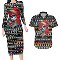 Mexican Sugar Skull Lady Christmas Couples Matching Long Sleeve Bodycon Dress and Hawaiian Shirt Feliz Navidad Mexico - Wonder Print Shop