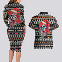 Mexican Sugar Skull Lady Christmas Couples Matching Long Sleeve Bodycon Dress and Hawaiian Shirt Feliz Navidad Mexico - Wonder Print Shop