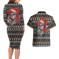 Mexican Sugar Skull Lady Christmas Couples Matching Long Sleeve Bodycon Dress and Hawaiian Shirt Feliz Navidad Mexico - Wonder Print Shop