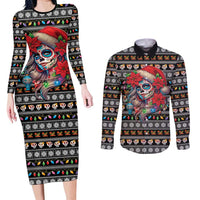 Mexican Sugar Skull Lady Christmas Couples Matching Long Sleeve Bodycon Dress and Long Sleeve Button Shirt Feliz Navidad Mexico - Wonder Print Shop