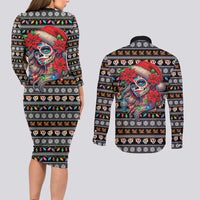 Mexican Sugar Skull Lady Christmas Couples Matching Long Sleeve Bodycon Dress and Long Sleeve Button Shirt Feliz Navidad Mexico - Wonder Print Shop