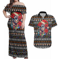 Mexican Sugar Skull Lady Christmas Couples Matching Off Shoulder Maxi Dress and Hawaiian Shirt Feliz Navidad Mexico - Wonder Print Shop