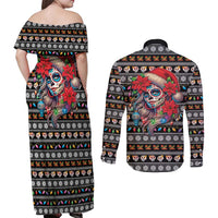 Mexican Sugar Skull Lady Christmas Couples Matching Off Shoulder Maxi Dress and Long Sleeve Button Shirt Feliz Navidad Mexico - Wonder Print Shop