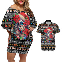 Mexican Sugar Skull Lady Christmas Couples Matching Off Shoulder Short Dress and Hawaiian Shirt Feliz Navidad Mexico - Wonder Print Shop