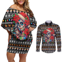 Mexican Sugar Skull Lady Christmas Couples Matching Off Shoulder Short Dress and Long Sleeve Button Shirt Feliz Navidad Mexico - Wonder Print Shop