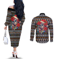 Mexican Sugar Skull Lady Christmas Couples Matching Off The Shoulder Long Sleeve Dress and Long Sleeve Button Shirt Feliz Navidad Mexico - Wonder Print Shop