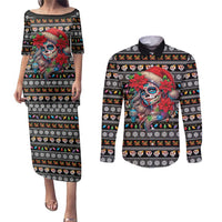 Mexican Sugar Skull Lady Christmas Couples Matching Puletasi and Long Sleeve Button Shirt Feliz Navidad Mexico - Wonder Print Shop