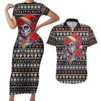 Mexican Sugar Skull Lady Christmas Couples Matching Short Sleeve Bodycon Dress and Hawaiian Shirt Feliz Navidad Mexico - Wonder Print Shop
