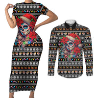 Mexican Sugar Skull Lady Christmas Couples Matching Short Sleeve Bodycon Dress and Long Sleeve Button Shirt Feliz Navidad Mexico - Wonder Print Shop