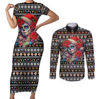 Mexican Sugar Skull Lady Christmas Couples Matching Short Sleeve Bodycon Dress and Long Sleeve Button Shirt Feliz Navidad Mexico - Wonder Print Shop