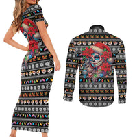 Mexican Sugar Skull Lady Christmas Couples Matching Short Sleeve Bodycon Dress and Long Sleeve Button Shirt Feliz Navidad Mexico - Wonder Print Shop