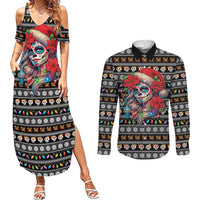 Mexican Sugar Skull Lady Christmas Couples Matching Summer Maxi Dress and Long Sleeve Button Shirt Feliz Navidad Mexico - Wonder Print Shop