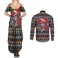 Mexican Sugar Skull Lady Christmas Couples Matching Summer Maxi Dress and Long Sleeve Button Shirt Feliz Navidad Mexico - Wonder Print Shop
