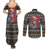 Mexican Sugar Skull Lady Christmas Couples Matching Summer Maxi Dress and Long Sleeve Button Shirt Feliz Navidad Mexico - Wonder Print Shop
