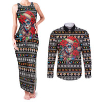 Mexican Sugar Skull Lady Christmas Couples Matching Tank Maxi Dress and Long Sleeve Button Shirt Feliz Navidad Mexico - Wonder Print Shop