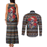 Mexican Sugar Skull Lady Christmas Couples Matching Tank Maxi Dress and Long Sleeve Button Shirt Feliz Navidad Mexico - Wonder Print Shop