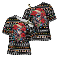 Mexican Sugar Skull Lady Christmas Cross Shoulder Shirt Feliz Navidad Mexico - Wonder Print Shop
