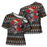 Mexican Sugar Skull Lady Christmas Cross Shoulder Shirt Feliz Navidad Mexico - Wonder Print Shop