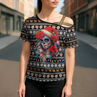 Mexican Sugar Skull Lady Christmas Cross Shoulder Shirt Feliz Navidad Mexico - Wonder Print Shop