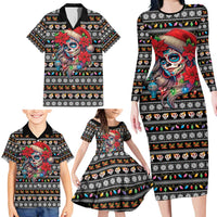 Mexican Sugar Skull Lady Christmas Family Matching Long Sleeve Bodycon Dress and Hawaiian Shirt Feliz Navidad Mexico - Wonder Print Shop