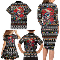 Mexican Sugar Skull Lady Christmas Family Matching Long Sleeve Bodycon Dress and Hawaiian Shirt Feliz Navidad Mexico - Wonder Print Shop