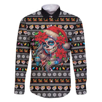 Mexican Sugar Skull Lady Christmas Family Matching Long Sleeve Bodycon Dress and Hawaiian Shirt Feliz Navidad Mexico - Wonder Print Shop