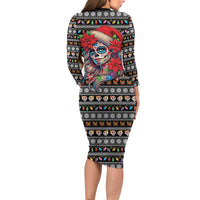 Mexican Sugar Skull Lady Christmas Family Matching Long Sleeve Bodycon Dress and Hawaiian Shirt Feliz Navidad Mexico - Wonder Print Shop