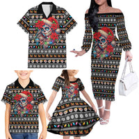 Mexican Sugar Skull Lady Christmas Family Matching Off The Shoulder Long Sleeve Dress and Hawaiian Shirt Feliz Navidad Mexico - Wonder Print Shop
