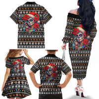 Mexican Sugar Skull Lady Christmas Family Matching Off The Shoulder Long Sleeve Dress and Hawaiian Shirt Feliz Navidad Mexico - Wonder Print Shop