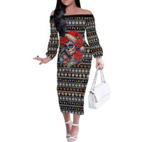 Mexican Sugar Skull Lady Christmas Family Matching Off The Shoulder Long Sleeve Dress and Hawaiian Shirt Feliz Navidad Mexico - Wonder Print Shop