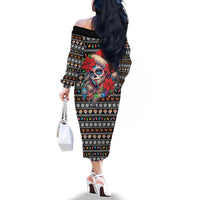 Mexican Sugar Skull Lady Christmas Family Matching Off The Shoulder Long Sleeve Dress and Hawaiian Shirt Feliz Navidad Mexico - Wonder Print Shop