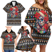 Mexican Sugar Skull Lady Christmas Family Matching Off Shoulder Short Dress and Hawaiian Shirt Feliz Navidad Mexico - Wonder Print Shop