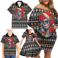 Mexican Sugar Skull Lady Christmas Family Matching Off Shoulder Short Dress and Hawaiian Shirt Feliz Navidad Mexico - Wonder Print Shop