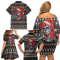 Mexican Sugar Skull Lady Christmas Family Matching Off Shoulder Short Dress and Hawaiian Shirt Feliz Navidad Mexico - Wonder Print Shop