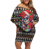 Mexican Sugar Skull Lady Christmas Family Matching Off Shoulder Short Dress and Hawaiian Shirt Feliz Navidad Mexico - Wonder Print Shop