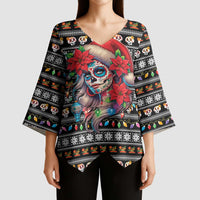 Mexican Sugar Skull Lady Christmas Kimono Sleeve Blouse Feliz Navidad Mexico - Wonder Print Shop