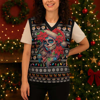 Mexican Sugar Skull Lady Christmas Knitted V-Neck Vest Feliz Navidad Mexico - Wonder Print Shop