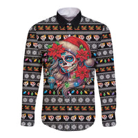 Mexican Sugar Skull Lady Christmas Long Sleeve Button Shirt Feliz Navidad Mexico - Wonder Print Shop