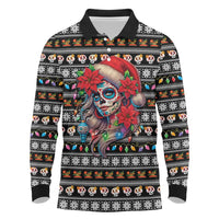 Mexican Sugar Skull Lady Christmas Long Sleeve Polo Shirt Feliz Navidad Mexico - Wonder Print Shop