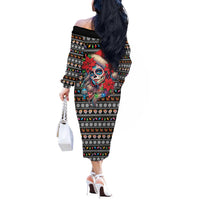 Mexican Sugar Skull Lady Christmas Off The Shoulder Long Sleeve Dress Feliz Navidad Mexico - Wonder Print Shop