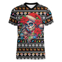 Mexican Sugar Skull Lady Christmas Women V-Neck T-Shirt Feliz Navidad Mexico - Wonder Print Shop