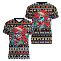 Mexican Sugar Skull Lady Christmas Women V-Neck T-Shirt Feliz Navidad Mexico - Wonder Print Shop