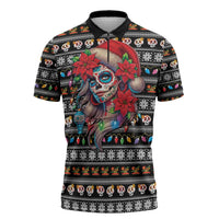 Mexican Sugar Skull Lady Christmas Zipper Polo Shirt Feliz Navidad Mexico - Wonder Print Shop