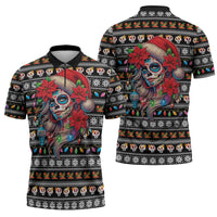 Mexican Sugar Skull Lady Christmas Zipper Polo Shirt Feliz Navidad Mexico - Wonder Print Shop