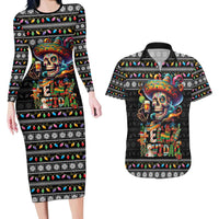 Mexican Sugar Skull Spanish Christmas Couples Matching Long Sleeve Bodycon Dress and Hawaiian Shirt Feliz Navidad Mexico - Wonder Print Shop
