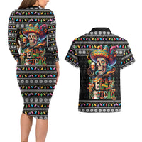 Mexican Sugar Skull Spanish Christmas Couples Matching Long Sleeve Bodycon Dress and Hawaiian Shirt Feliz Navidad Mexico - Wonder Print Shop