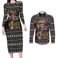 Mexican Sugar Skull Spanish Christmas Couples Matching Long Sleeve Bodycon Dress and Long Sleeve Button Shirt Feliz Navidad Mexico - Wonder Print Shop