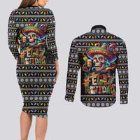 Mexican Sugar Skull Spanish Christmas Couples Matching Long Sleeve Bodycon Dress and Long Sleeve Button Shirt Feliz Navidad Mexico - Wonder Print Shop