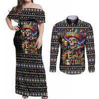 Mexican Sugar Skull Spanish Christmas Couples Matching Off Shoulder Maxi Dress and Long Sleeve Button Shirt Feliz Navidad Mexico - Wonder Print Shop