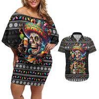 Mexican Sugar Skull Spanish Christmas Couples Matching Off Shoulder Short Dress and Hawaiian Shirt Feliz Navidad Mexico - Wonder Print Shop